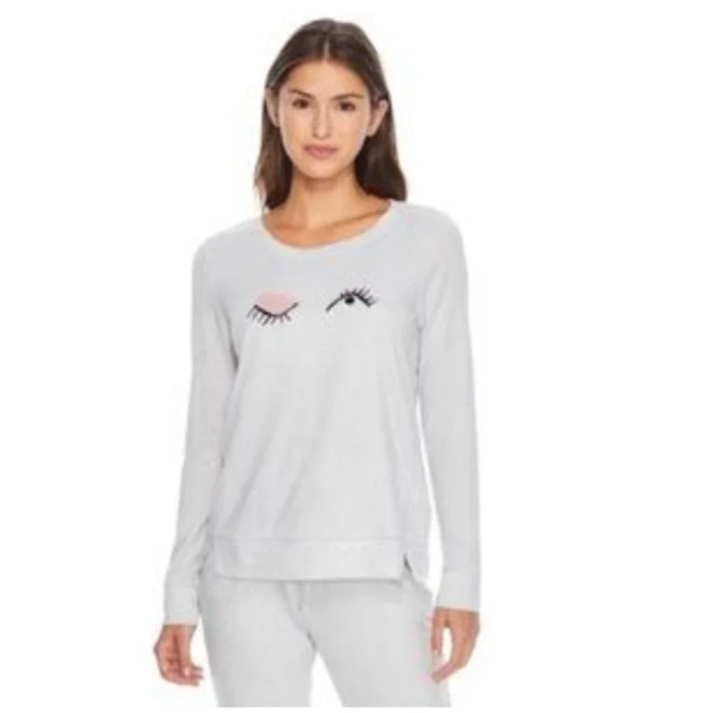 Kate Spade Sleepwear Wink Eye Gray Soft Knit Pajama Lounge Sleep Long Sleeve Top